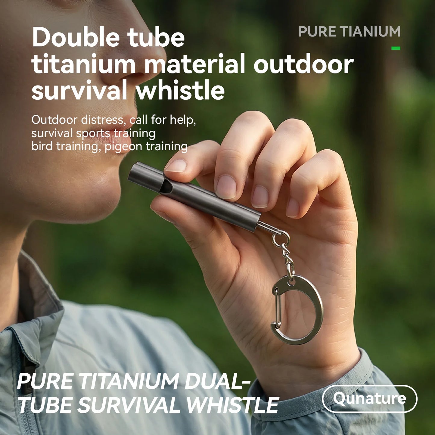 A person outdoors holds a compact double-tube titanium survival whistle near their mouth. The product is shown in use against a blurred green natural background, with promotional text reading 'Double tube titanium material outdoor survival whistle' and 'PURE TITANIUM DUAL-TUBE SURVIVAL WHISTLE.