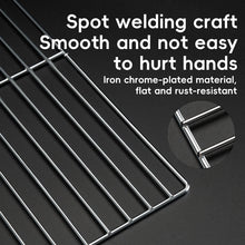 Metal grid with text highlighting its features on a black background