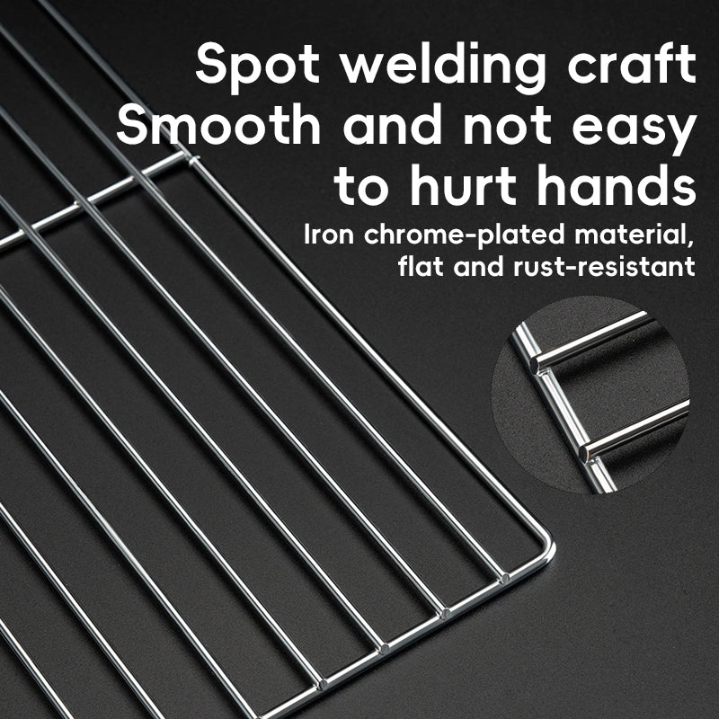 Metal grid with text highlighting its features on a black background