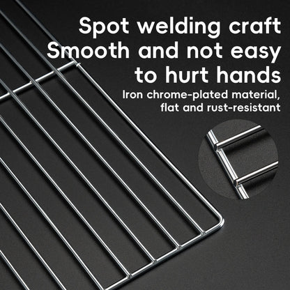 Metal grid with text highlighting its features on a black background