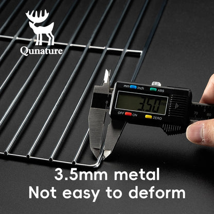 Metal grill grid with digital caliper showing thickness and Qunature branding.