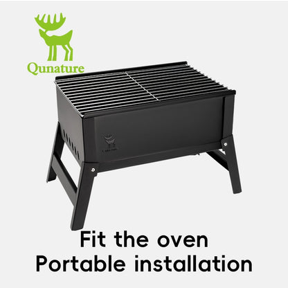 Black portable grill with Qunature logo on a white background