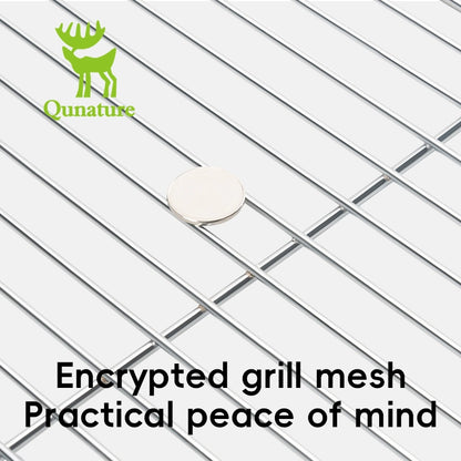 Qunature encrypted grill mesh on a white background with text 'Encrypted grill mesh Practical peace of mind'.