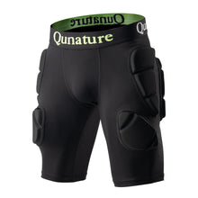 Black protective shorts with knee pads and a visible brand logo on a white background