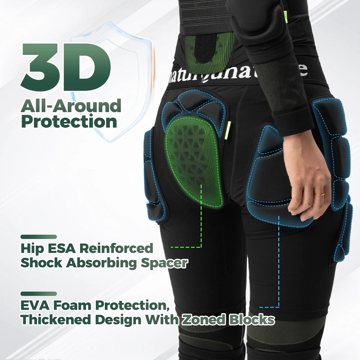 Black protective pants with green and blue padding on a white background, featuring text about 3D all-around protection.
