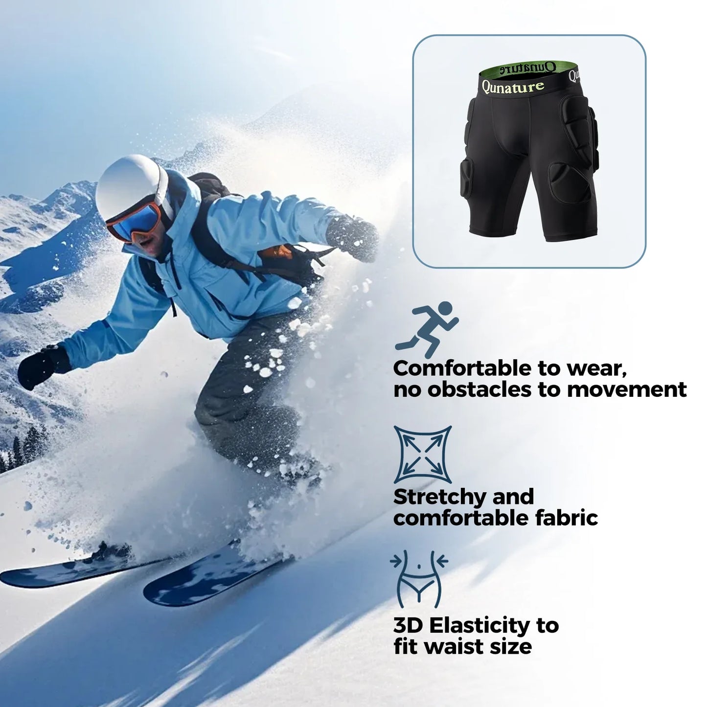 Person skiing with a close-up of black shorts and text about comfort and features.