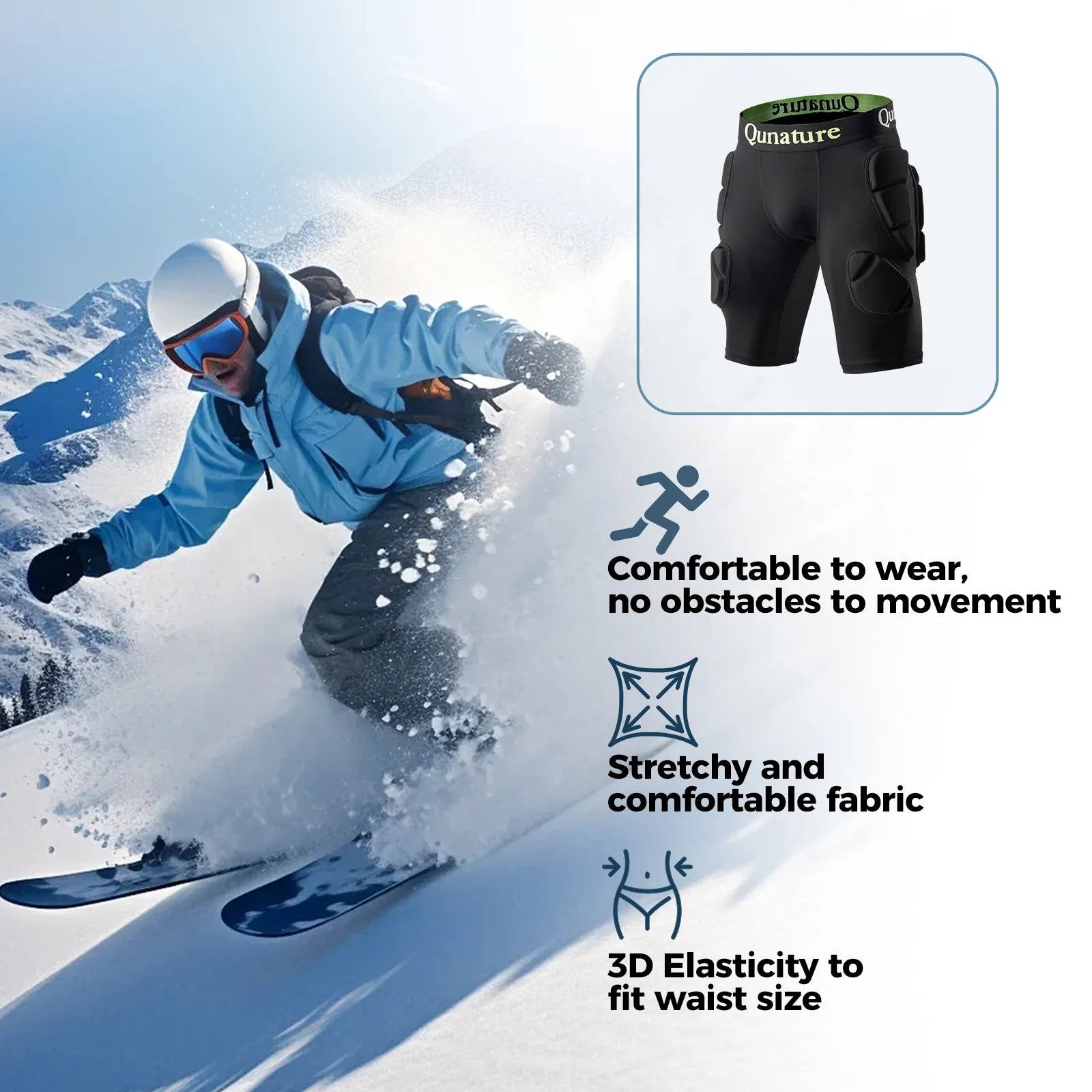 Person skiing with a close-up of black shorts and text about comfort and features.