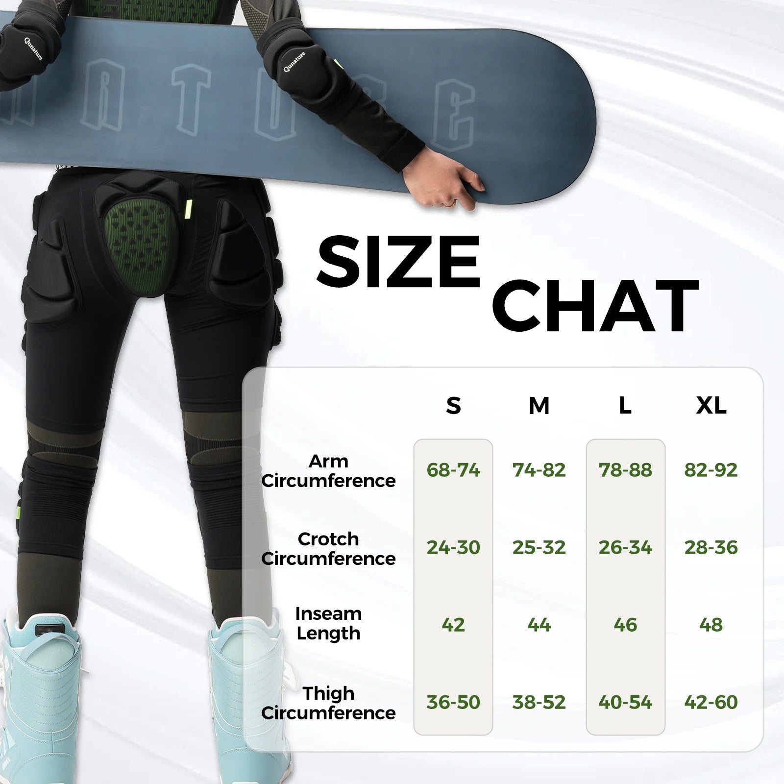 Person holding a snowboard with size chart overlay