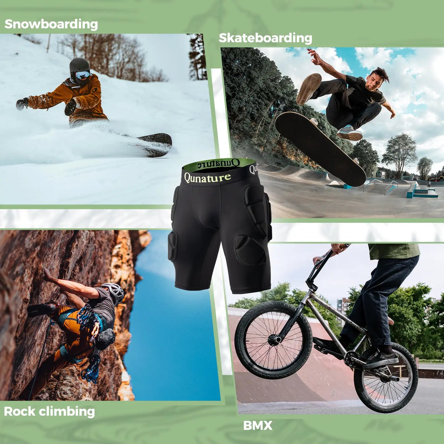 Collage of people engaging in snowboarding, skateboarding, rock climbing, and BMX with a focus on black shorts.