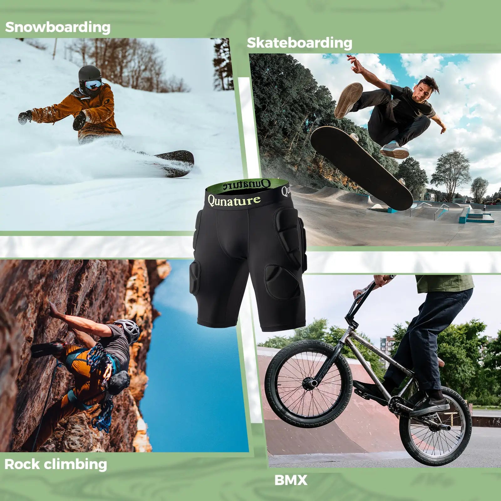 Collage of people engaging in snowboarding, skateboarding, rock climbing, and BMX with a focus on black shorts.