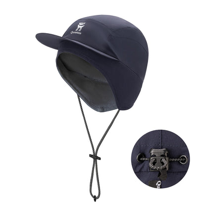 Navy blue cap with chin strap and brand logo on a white background