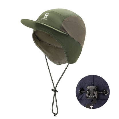 Green and brown cap with chin strap on a white background