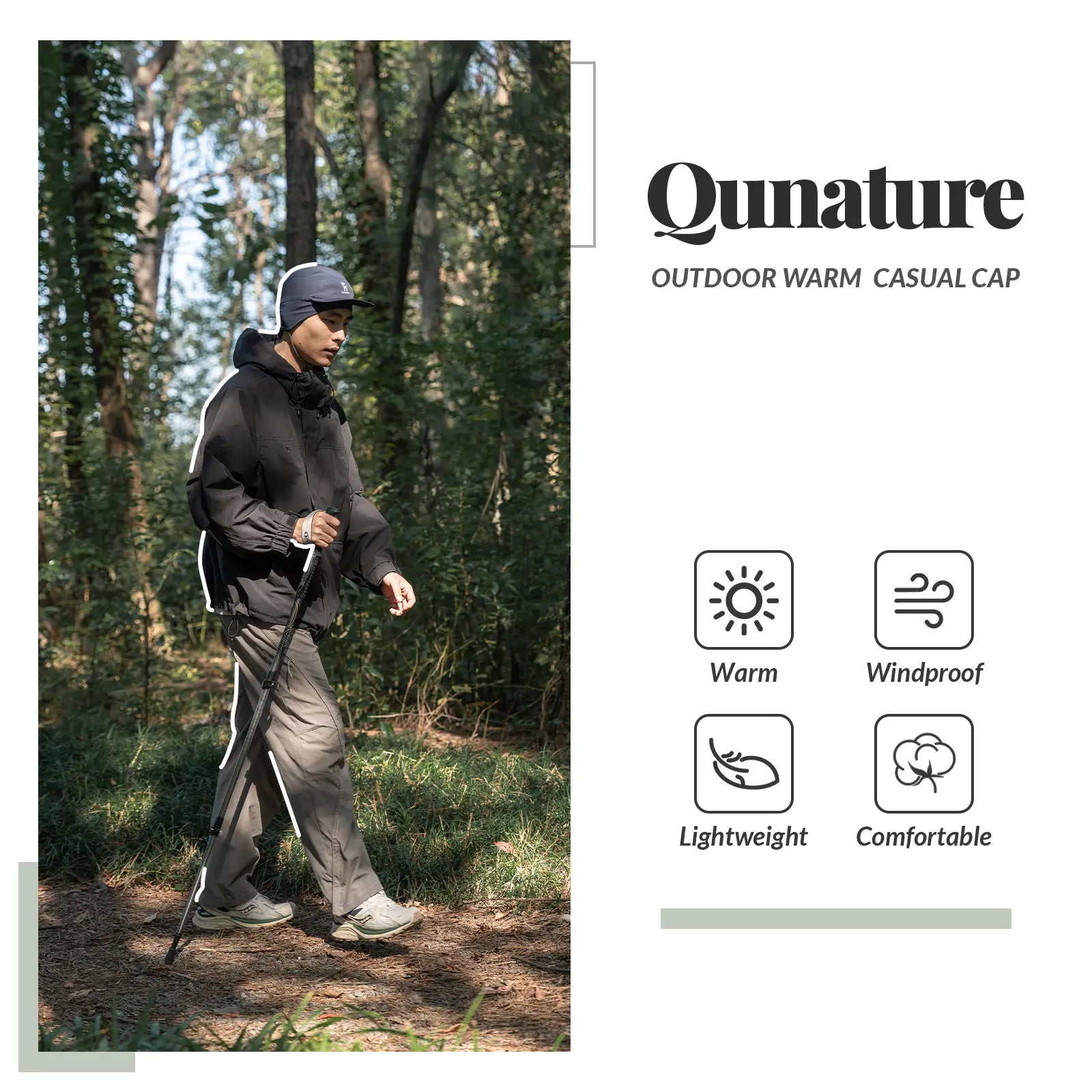 Person hiking in a forest wearing a Qunature outdoor cap, with product features listed on the right.
