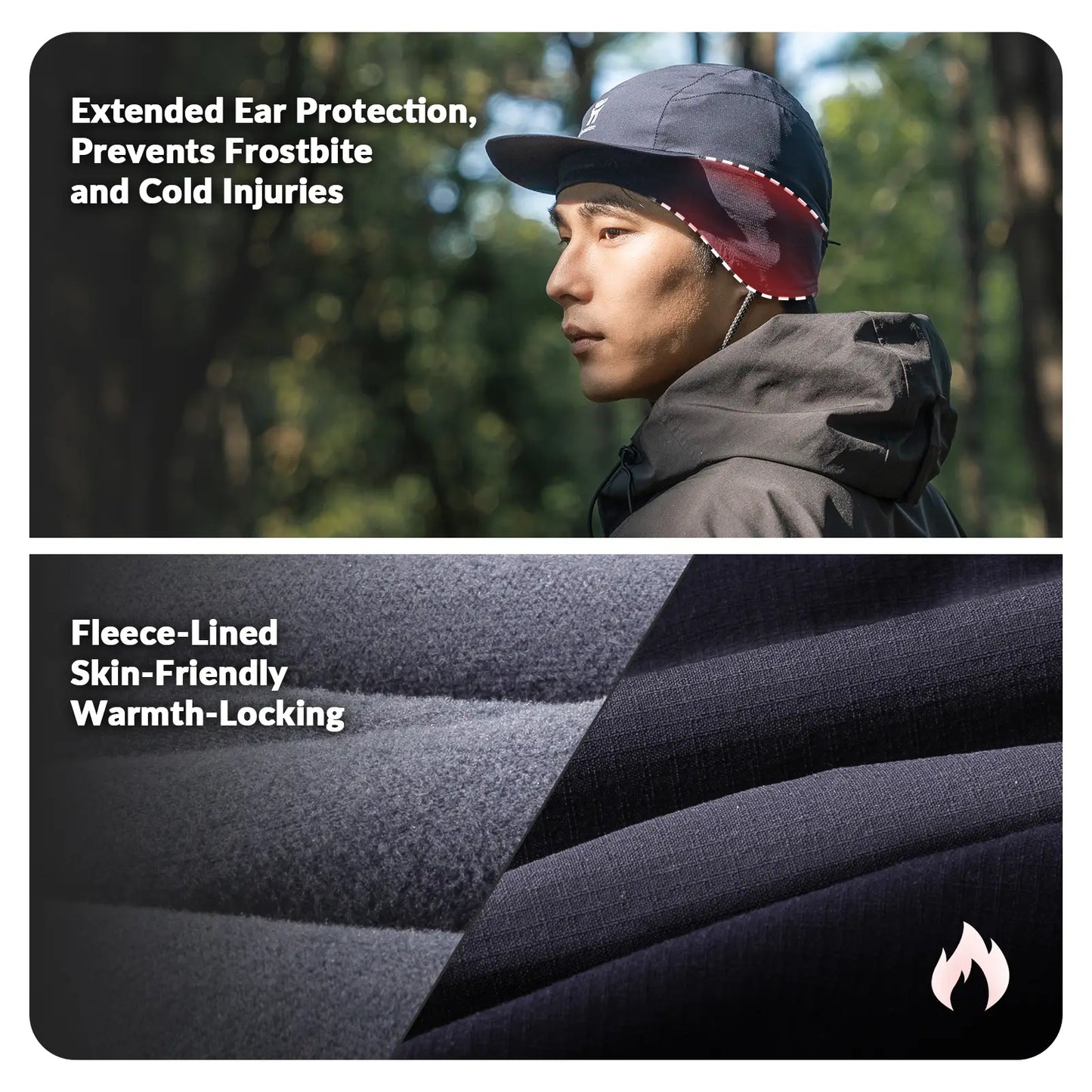 Person wearing a cap with ear protection feature, text about extended ear protection and fleece lining.