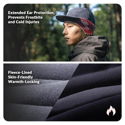 Person wearing a cap with ear protection feature, text about extended ear protection and fleece lining.
