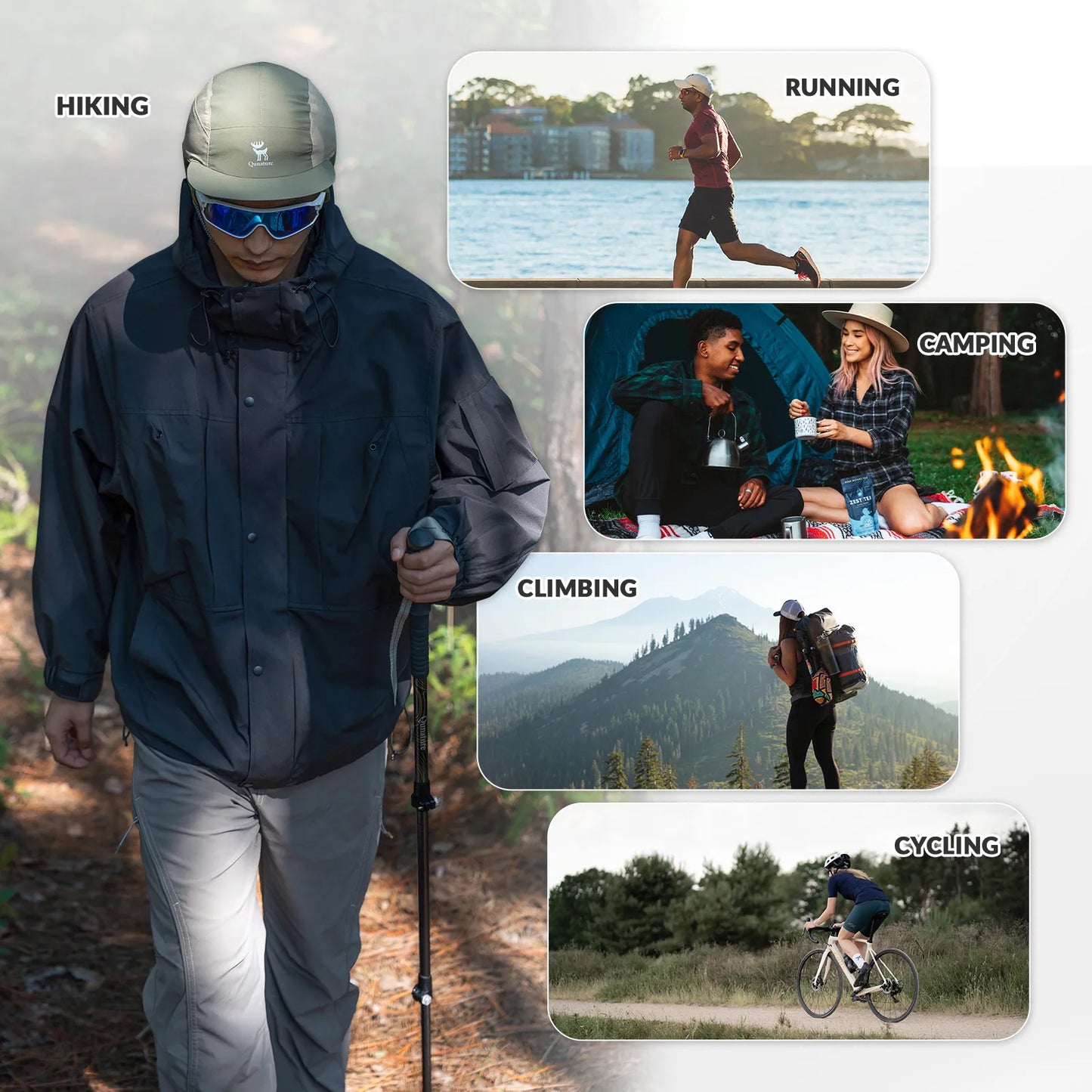Person wearing a raincoat with various outdoor activities depicted around them.
