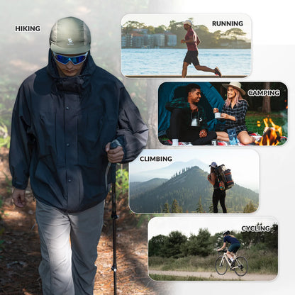Person wearing a raincoat with various outdoor activities depicted around them.