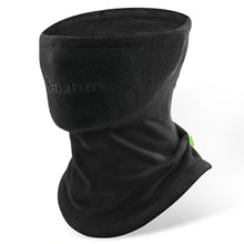A black fleece neck gaiter with extended coverage for the face and neck, featuring a small green logo on the lower side.
