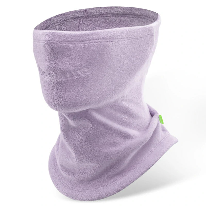 A black fleece neck gaiter with extended coverage for the face and neck, featuring a small green logo on the lower side.