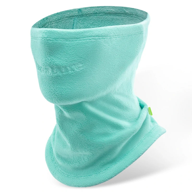 A black fleece neck gaiter with extended coverage for the face and neck, featuring a small green logo on the lower side.