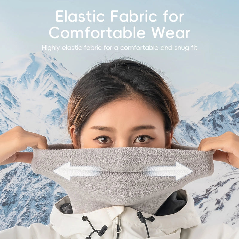 Person holding elastic fabric with mountainous background and text about comfort