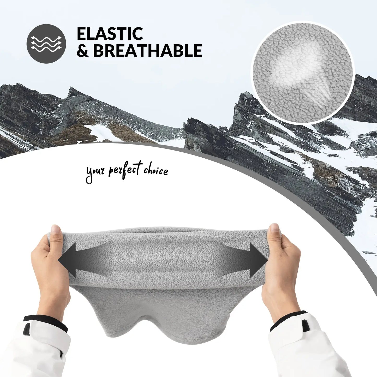 Product with text 'Elastic & Breathable' and 'your perfect choice' against a mountainous background.