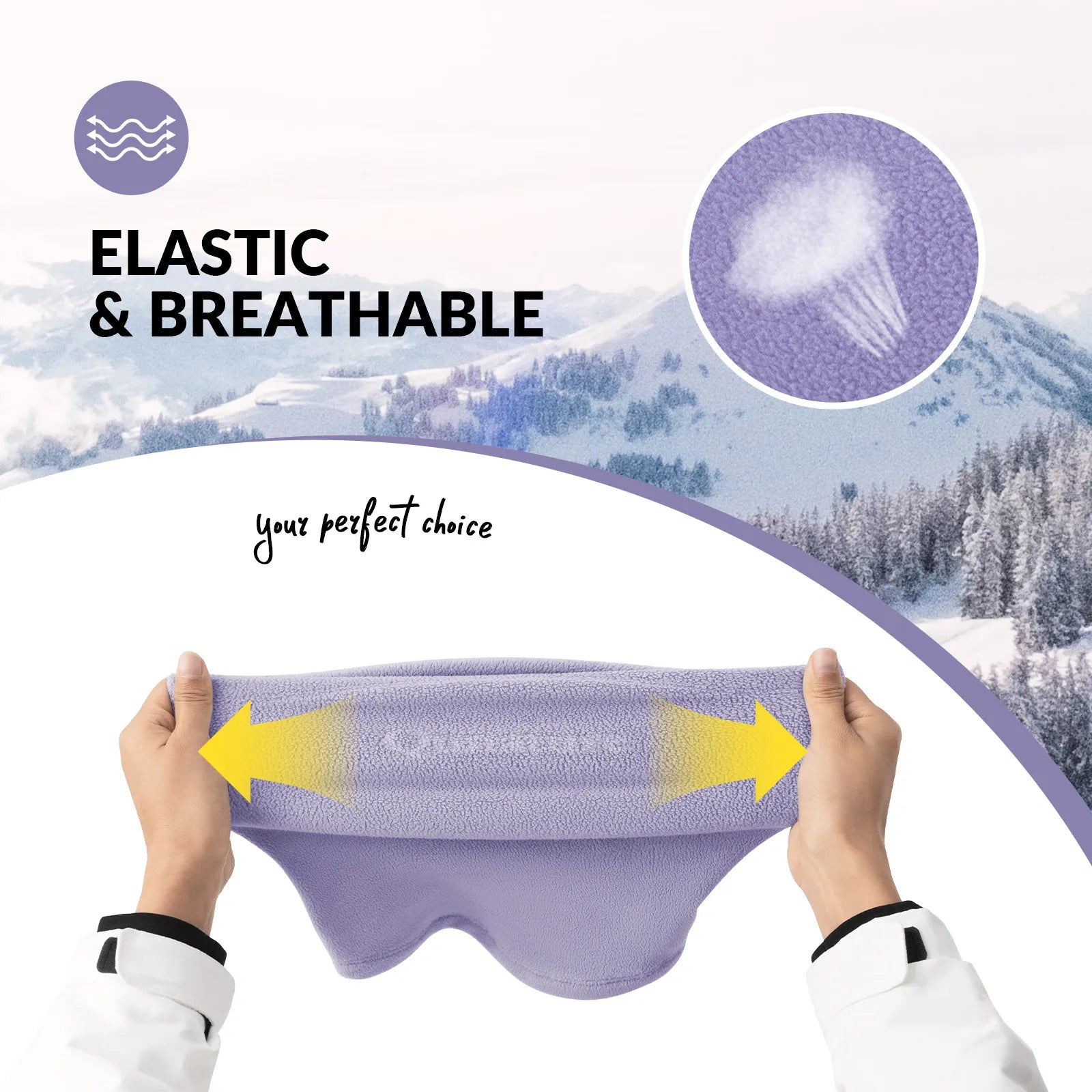 Purple eye mask with elastic band being stretched, set against a snowy mountain background.