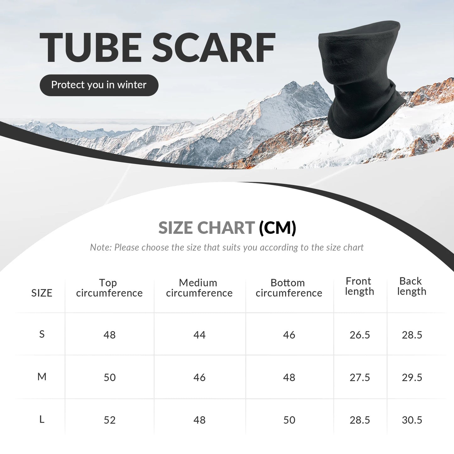 Black tube scarf with size chart and mountain background