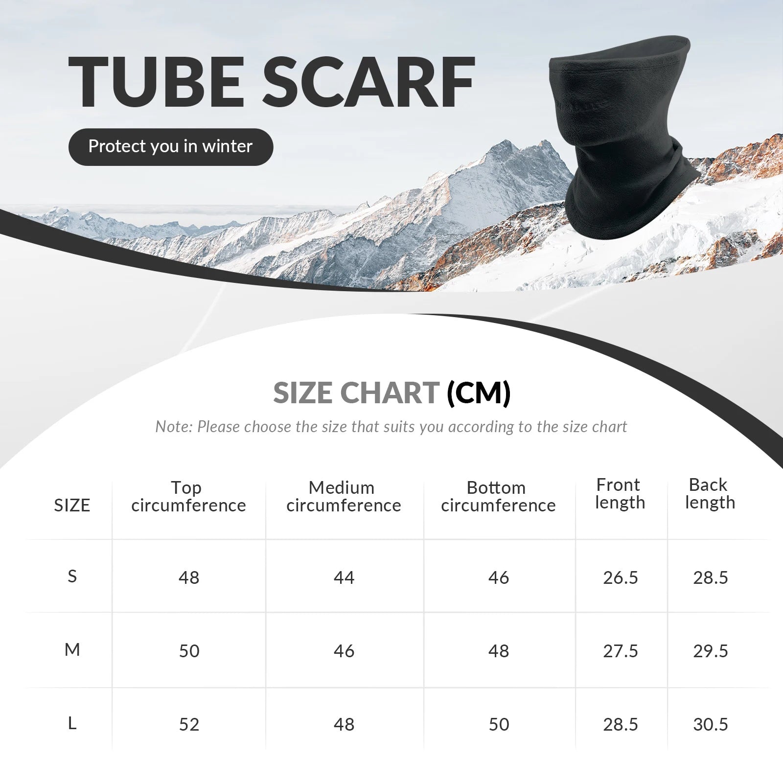 Black tube scarf with size chart and mountain background