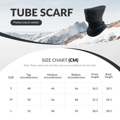 Black tube scarf with size chart and mountain background