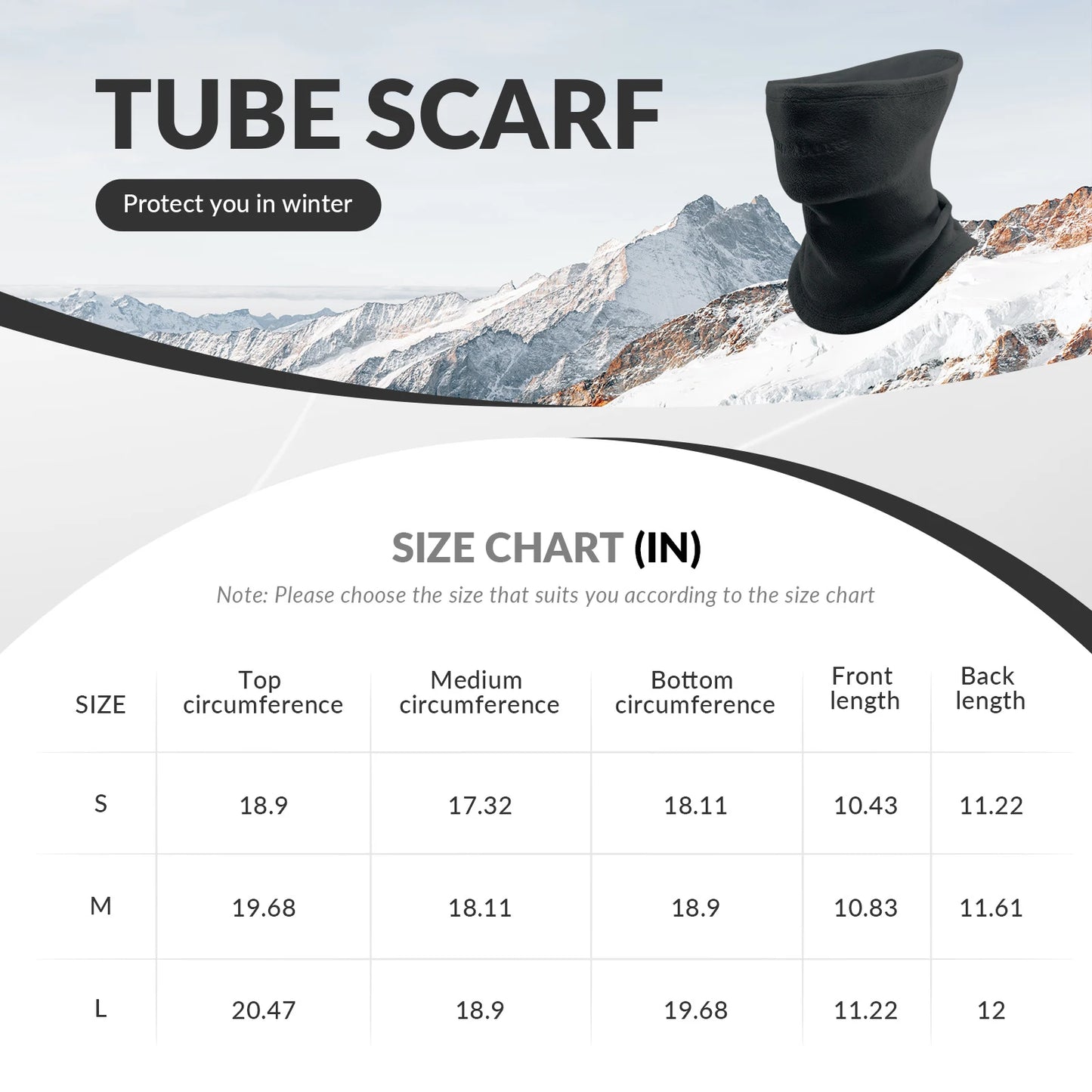 Black tube scarf with size chart and mountain background