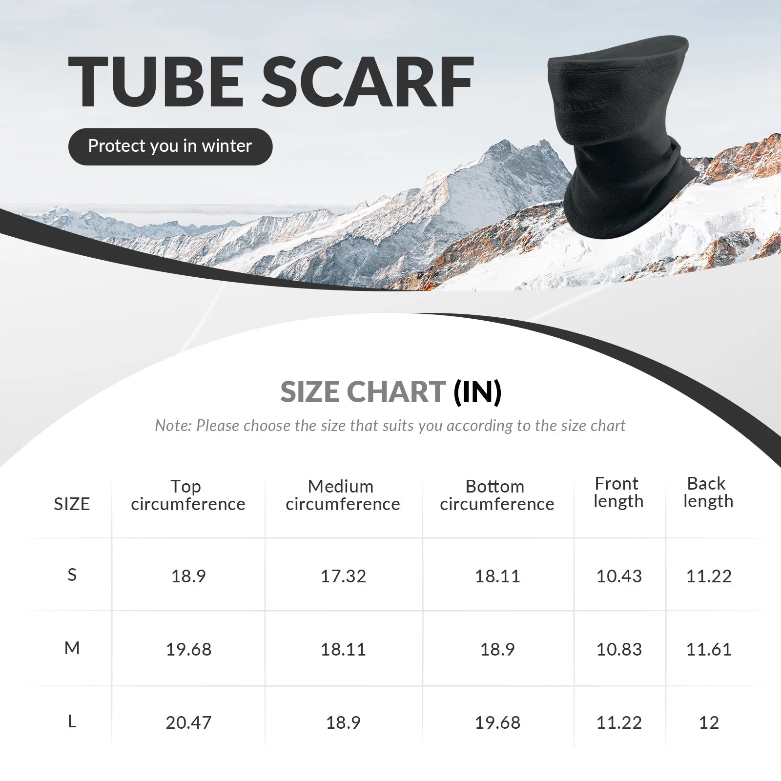Black tube scarf with size chart and mountain background
