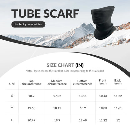 Black tube scarf with size chart and mountain background