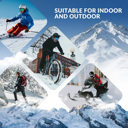 Collage of people in winter sports and activities with text 'Suitable for indoor and outdoor'.