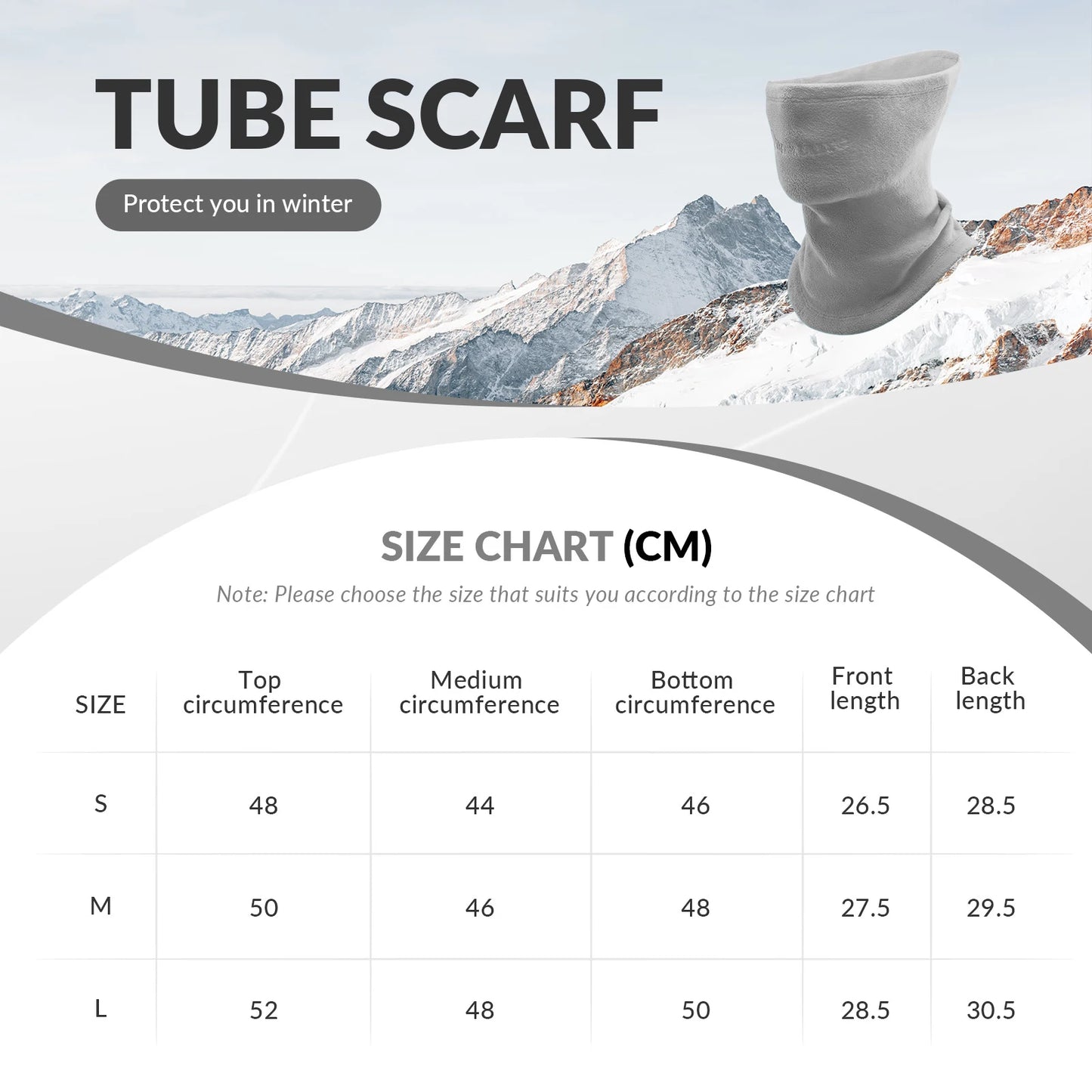 Gray tube scarf with size chart and mountain background