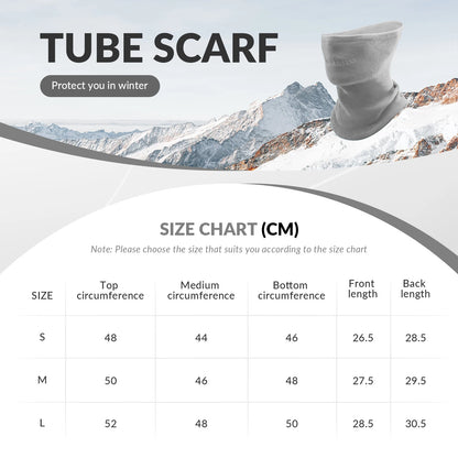 Gray tube scarf with size chart and mountain background