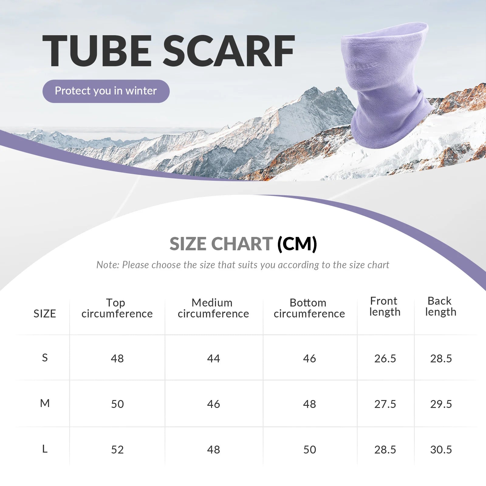 Purple tube scarf with size chart and mountain background