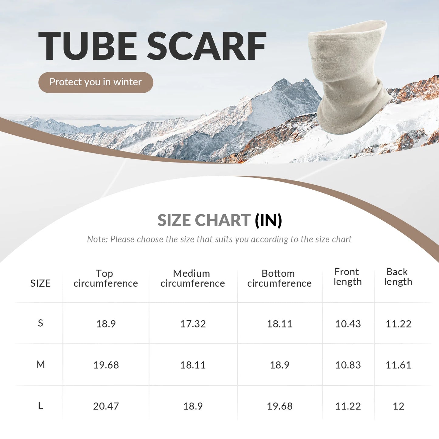 beige tube scarf with size chart and mountain background