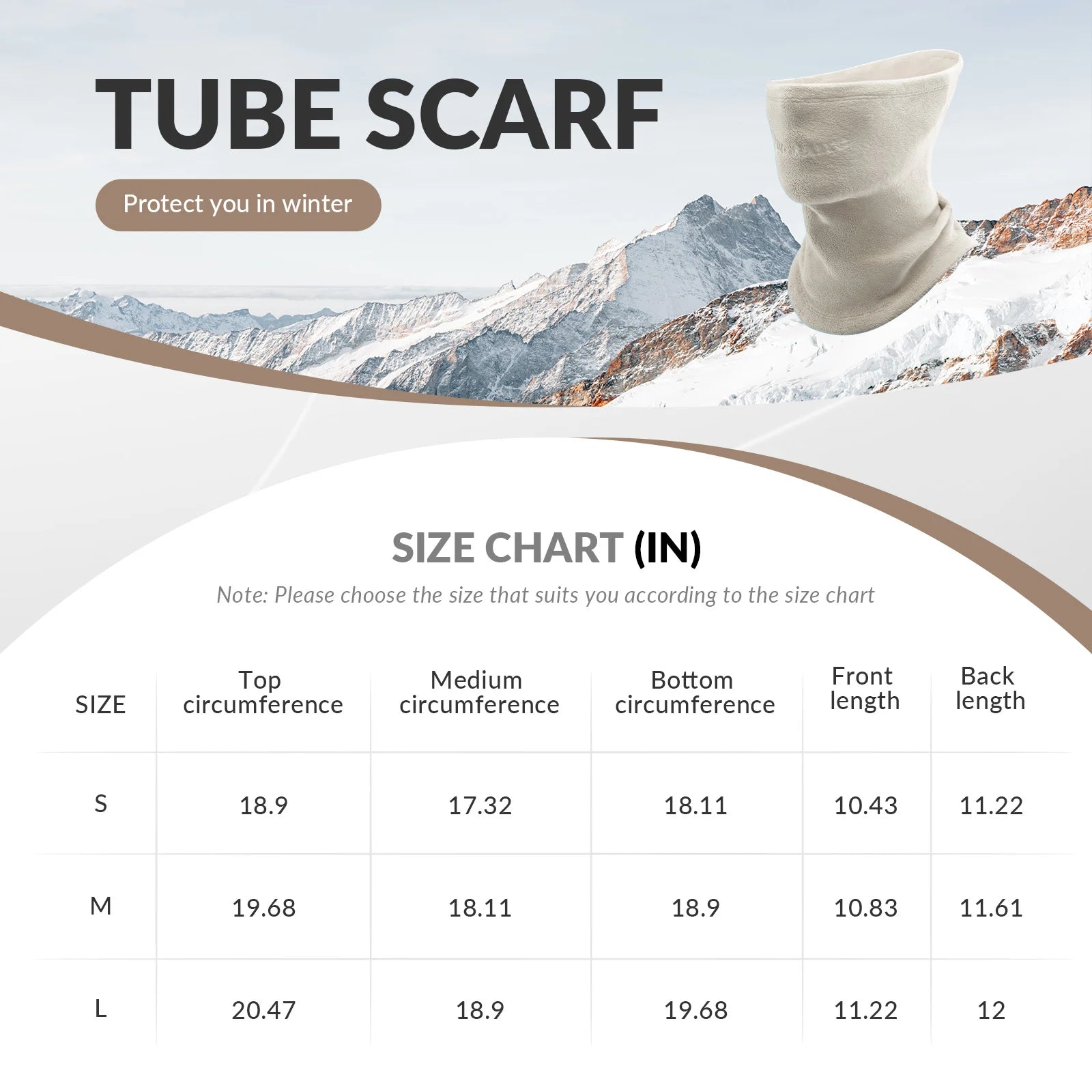 beige tube scarf with size chart and mountain background