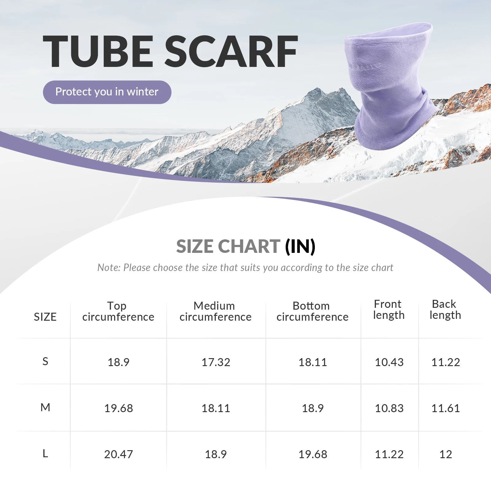 Purple tube scarf with size chart and mountain background