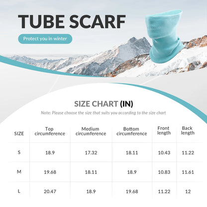 Green tube scarf with size chart and mountain background