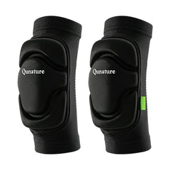 A pair of black Qunature brand elbow pads designed for sports protection, showing side and front views.