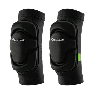 A pair of black Qunature brand elbow pads designed for sports protection, showing side and front views.