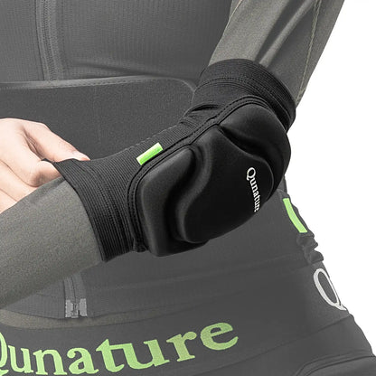 Person wearing a black elbow pad with 'Qunature' branding on a gray background