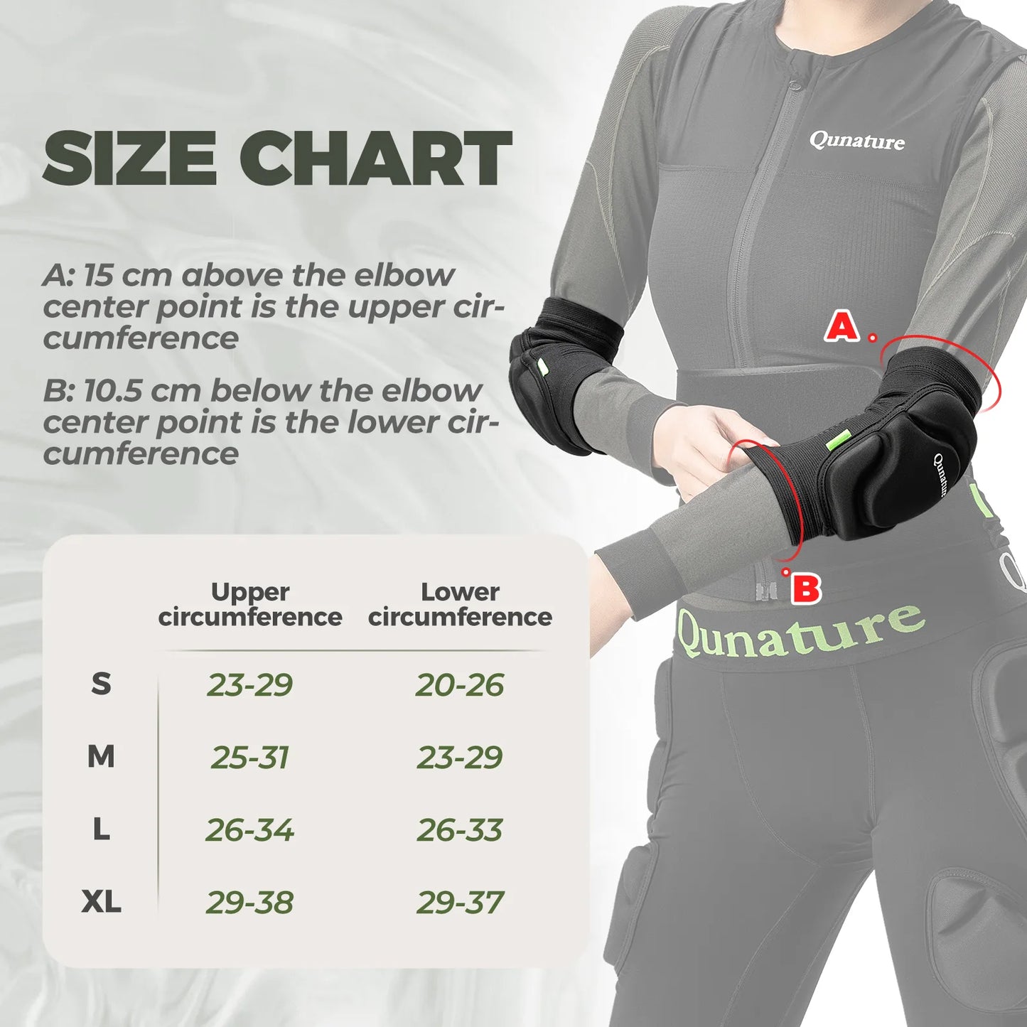 Size chart for elbow support brace with measurement guide and Qunature branding.