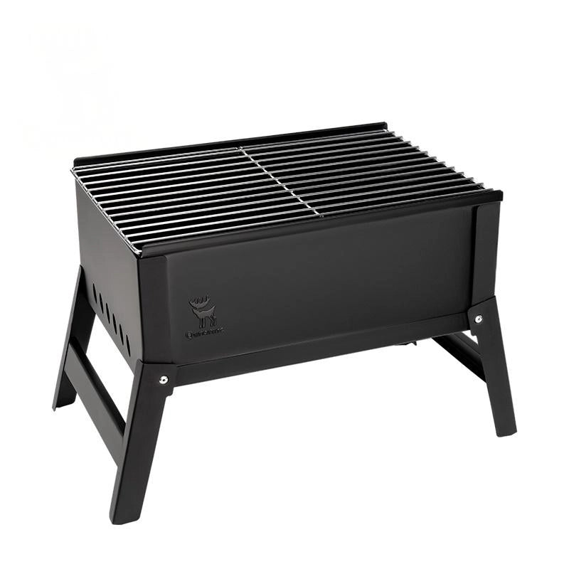 Black portable grill with a grid on a white background