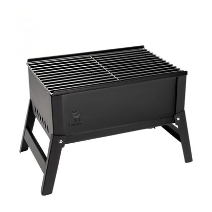 Black portable grill with a grid on a white background