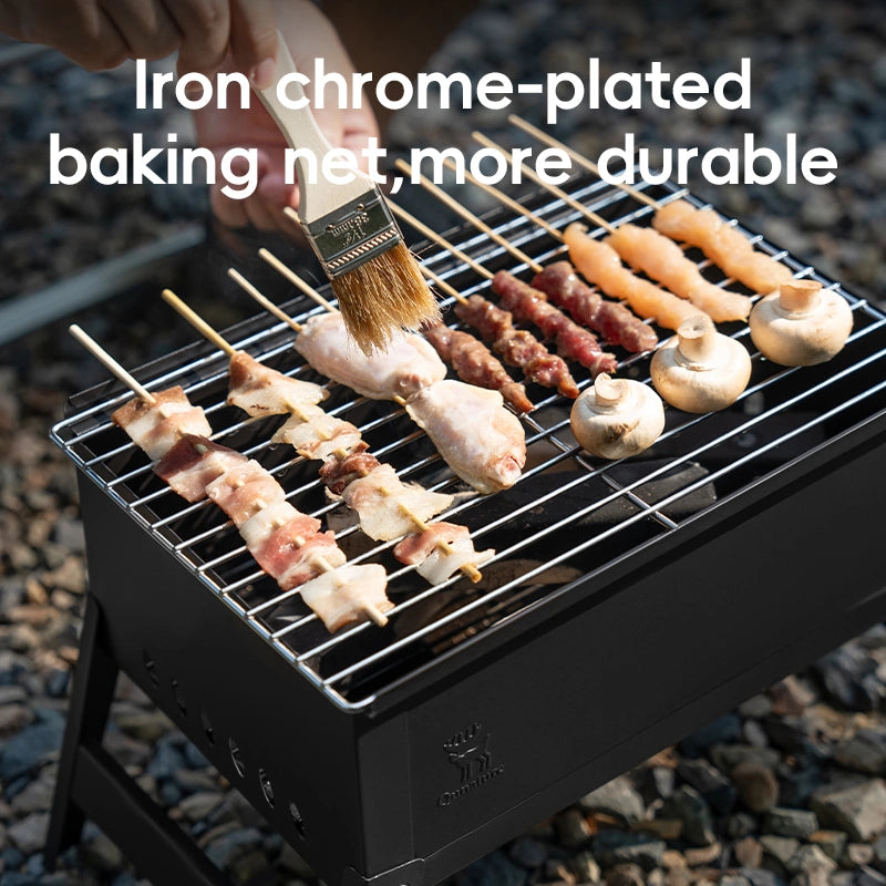Grilling skewers with meats and vegetables on a portable grill, with text about iron chrome-plated baking net.
