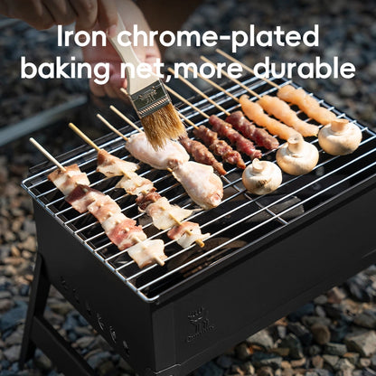 Grilling skewers with meats and vegetables on a portable grill, with text about iron chrome-plated baking net.