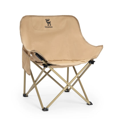 Beige camping chair with a brand logo on a white background